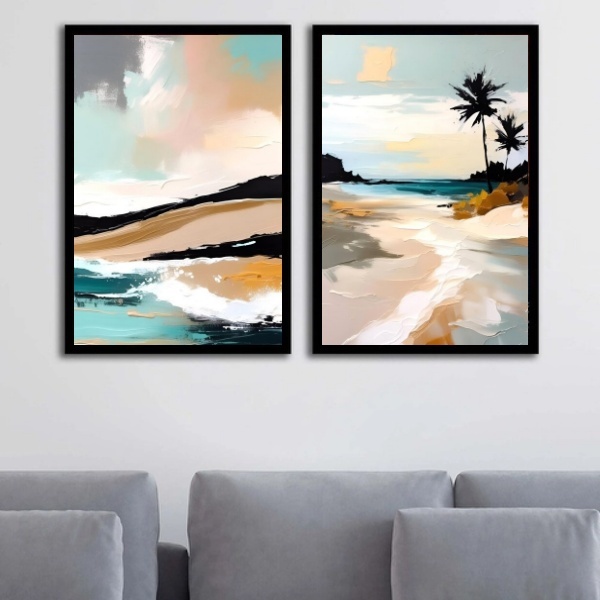 Kit 2 Quadros Abstratos Praia Estilo Pintura 24x18cm Moldura