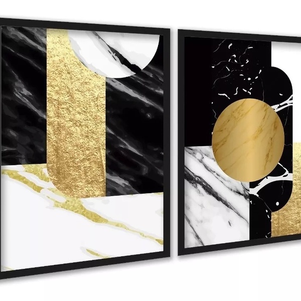 Kit 2 Quadros Abstratos Preto E Dourado - Mármore 45x34cm - C