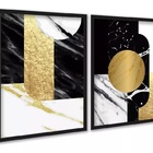 Kit 2 Quadros Abstratos Preto E Dourado - Mármore 45x34cm Mol