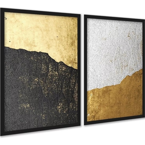 Kit 2 Quadros Abstratos Rústicos Preto Dourado 24x18cm - Com