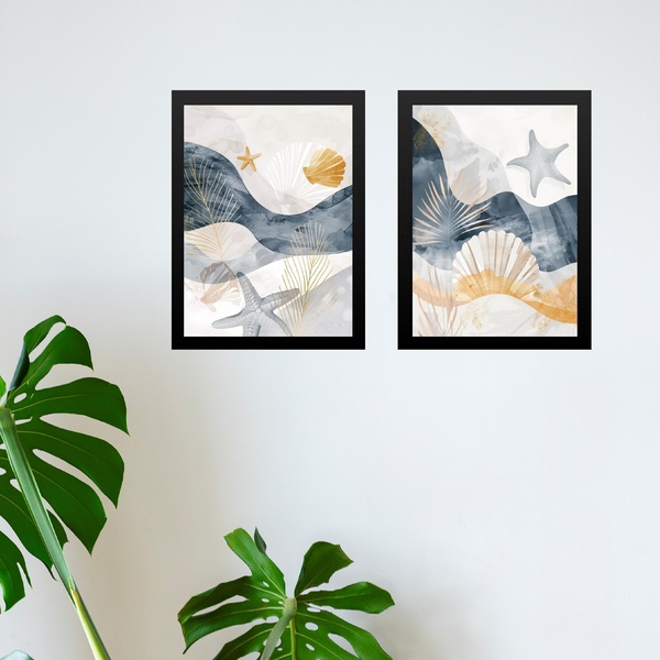 Kit 2 Quadros Abstratos Tema Praia Neutros 33x24cm Moldura Br