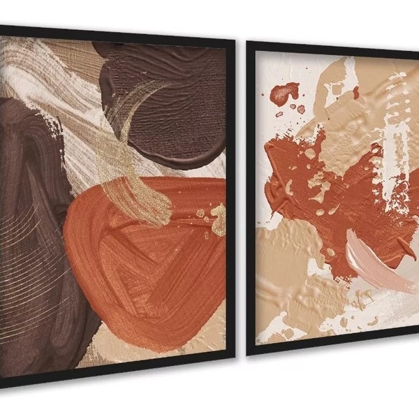 Kit 2 Quadros Abstratos Terracota Efeito Tinta 45x34cm - Com