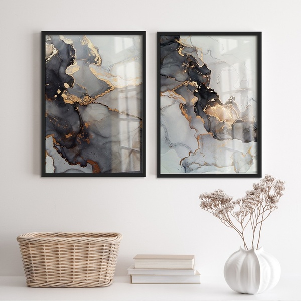 Kit 2 Quadros Abstratos Textura Marmorizado 24x18cm - Com Vid