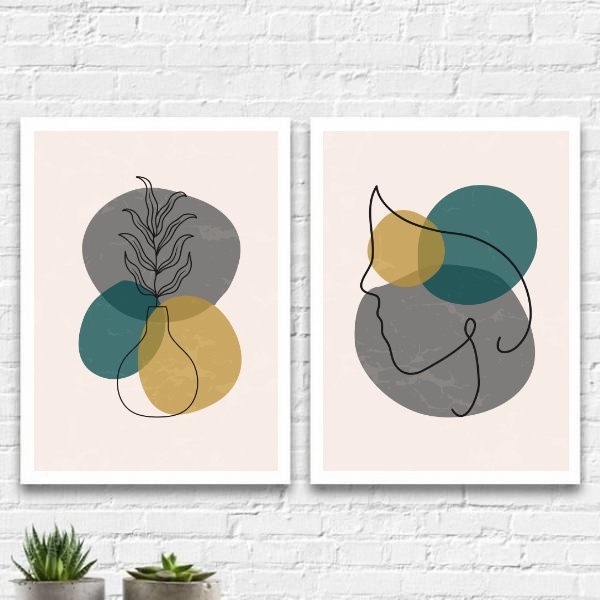 Kit 2 Quadros Abstratos Vaso Contorno 33x24cm - Com Vidro Mol