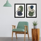 Kit 2 Quadros Abstratos Verde Bege E Cinza 33x24cm - Com Vidr