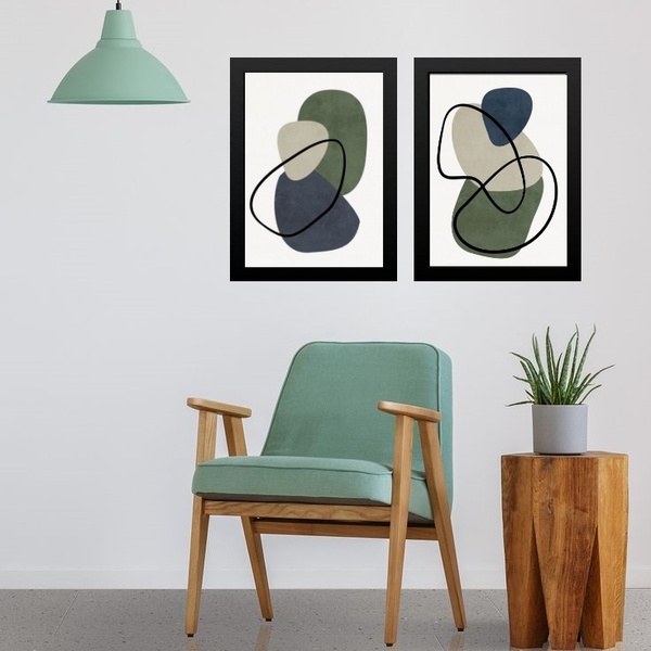 Kit 2 Quadros Abstratos Verde Bege E Cinza 33x24cm - Com Vidr