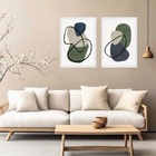 Kit 2 Quadros Abstratos Verde Bege E Cinza 45x34cm - Com Vidr