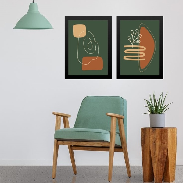 Kit 2 Quadros Abstratos Verde Musgo Terracota 45x34cm - Com V
