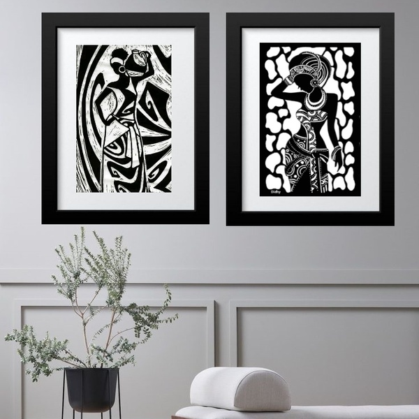 Kit 2 Quadros Africanas Preto E Branco - 60x48cm Moldura:made