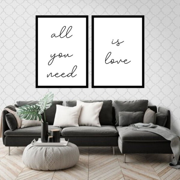 Kit 2 Quadros All You Need Is Love 45x34cm - Com Vidro Moldur