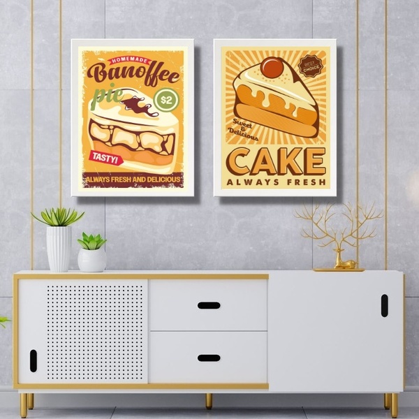 Kit 2 Quadros Amarelos Cozinha - Bolos 45x34cm - Com Vidro Mo