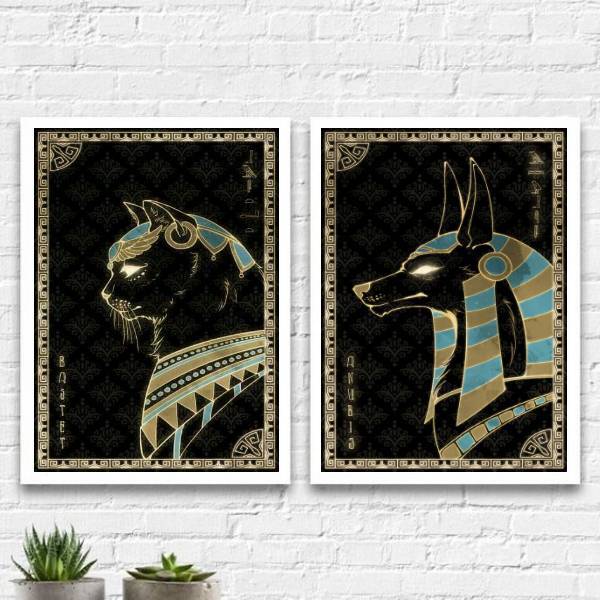 Kit 2 Quadros Animais Egípcios 33x24cm - Com Vidro Moldura:ma