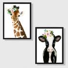 Kit 2 Quadros Animais Girafinha E Vaquinha 45x34cm - Com Vidr