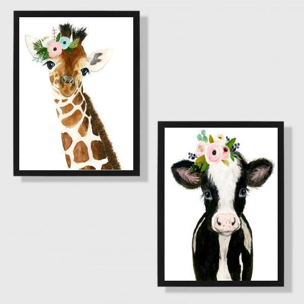 Kit 2 Quadros Animais Girafinha E Vaquinha 45x34cm - Com Vidr