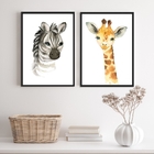 Kit 2 Quadros Animais Infantis Aquarela 33x24cm - Com Vidro M