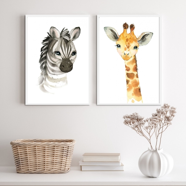 Kit 2 Quadros Animais Infantis Aquarela 33x24cm - Com Vidro M