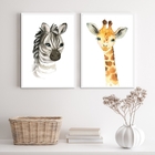 Kit 2 Quadros Animais Infantis Aquarela 45x34cm - Com Vidro M