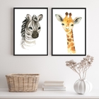 Kit 2 Quadros Animais Infantis Aquarela 45x34cm - Com Vidro M