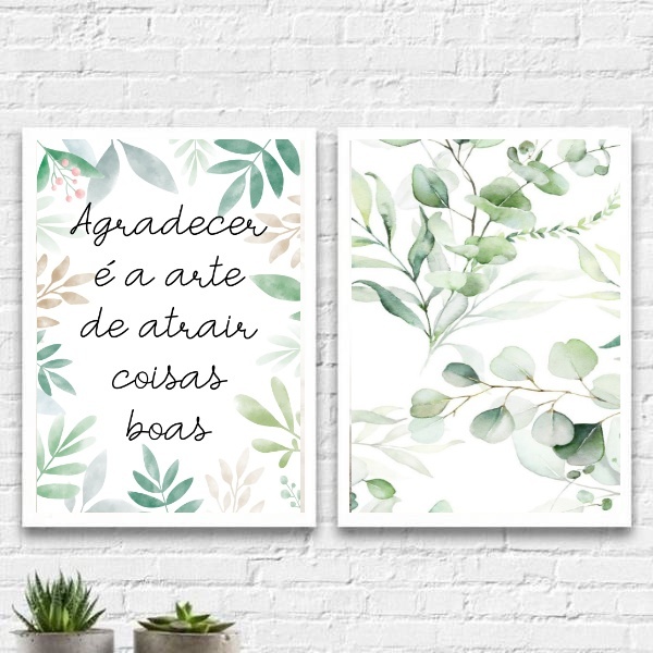 Kit 2 Quadros Aquarela Agradecer 33x24cm Moldura:madeira Bran
