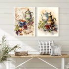 Kit 2 Quadros Aquarela Chá Retrô 33x24cm - Com Vidro Moldura