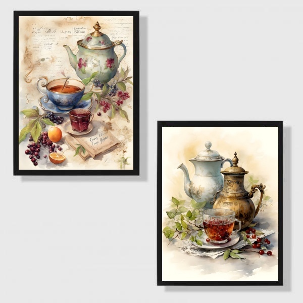 Kit 2 Quadros Aquarela Chá Retrô 33x24cm Moldura Preta