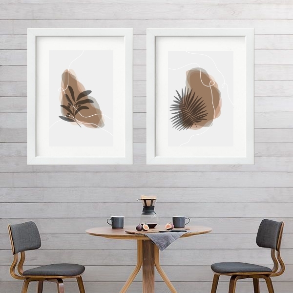 Kit 2 Quadros Aquarela Folhas Marrom - 60x48cm Moldura:madeir