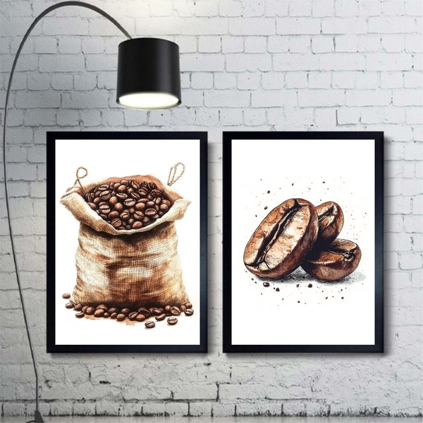 Kit 2 Quadros Aquarela - Grãos De Café 24x18cm Moldura Preta