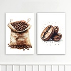 Kit 2 Quadros Aquarela - Grãos De Café 45x34cm Moldura Preta