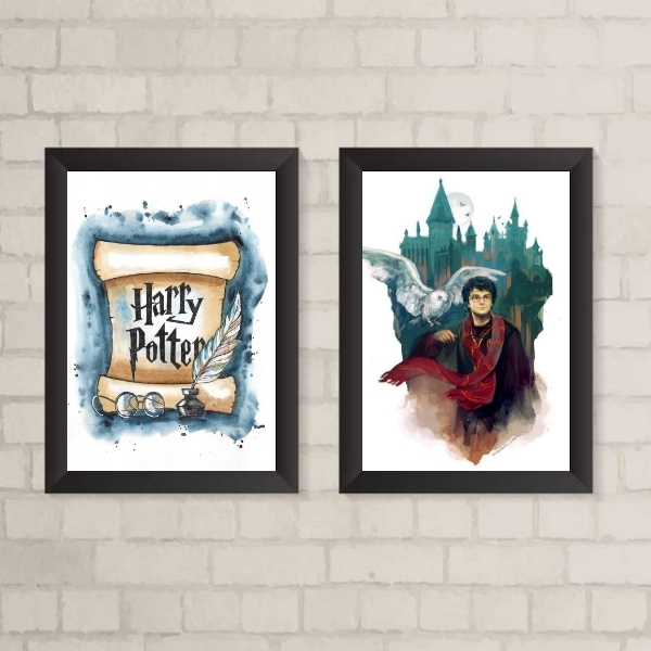 Kit 2 Quadros Aquarela Harry potter 45x34cm Moldura:madeira P