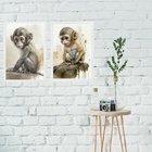 Kit 2 Quadros Aquarela Macaquinho 45x34cm Moldura:madeira Bra