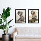 Kit 2 Quadros Aquarela Macaquinho 45x34cm Moldura:madeira Bra