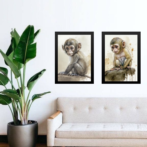 Kit 2 Quadros Aquarela Macaquinho 45x34cm Moldura:madeira Bra