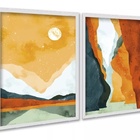 Kit 2 Quadros Aquarela Paisagens Abstratas Boho 45x34cm Moldu