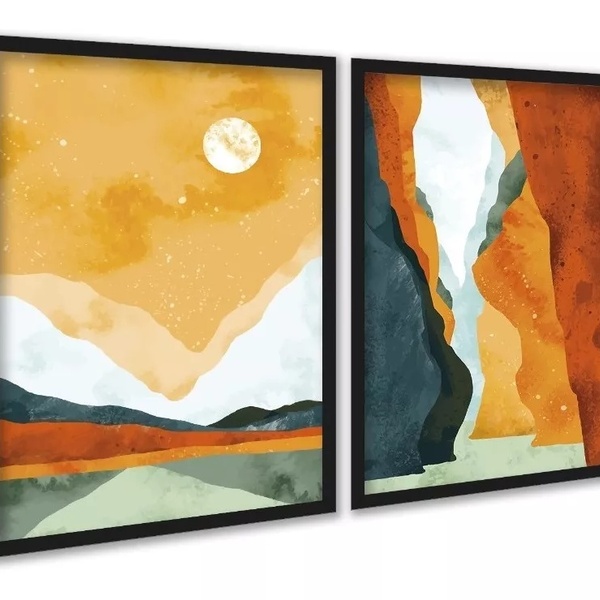 Kit 2 Quadros Aquarela Paisagens Abstratas Boho 45x34cm Moldu