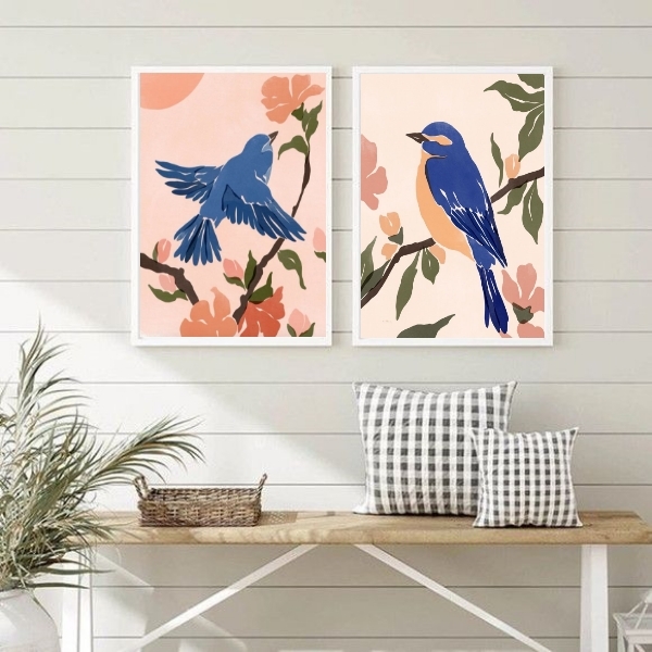 Kit 2 Quadros Aquarelas Passarinhos Azul 24x18cm - Com Vidro