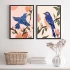 Kit 2 Quadros Aquarelas Passarinhos Azul 24x18cm - Com Vidro