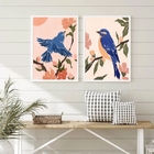 Kit 2 Quadros Aquarelas Passarinhos Azul 33x24cm - Com Vidro