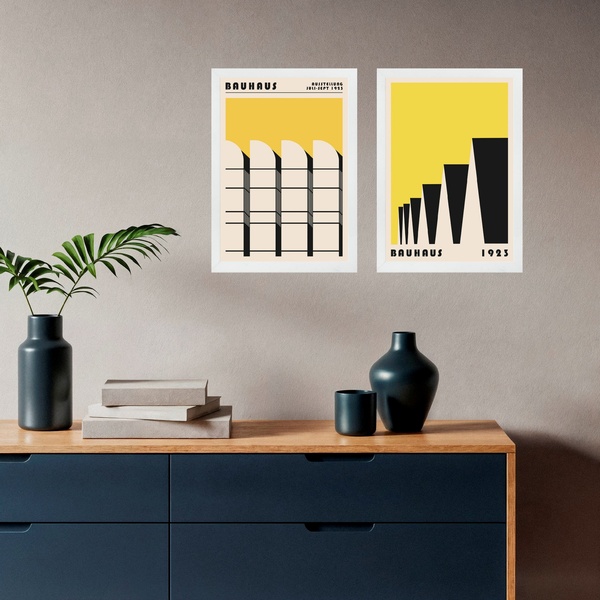 Kit 2 Quadros Arquitetura Bauhaus - Amarelo 33x24cm Moldura B