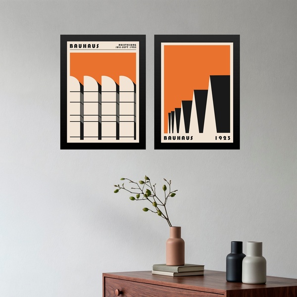 Kit 2 Quadros Arquitetura Laranja - Bauhaus 24x18cm - Com Vid