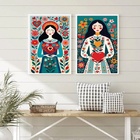 Kit 2 Quadros Art Folk - Mulher Coração 24x18cm Moldura Preta