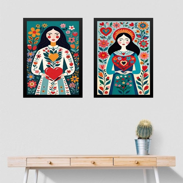 Kit 2 Quadros Art Folk - Mulher Coração 45x34cm Moldura Branca