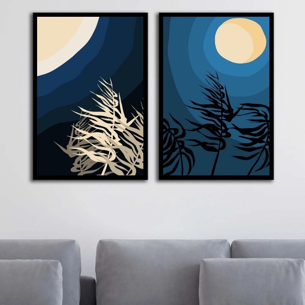 Kit 2 Quadros Arte Boho Degradê Azul E Bege 45x34cm Moldura B