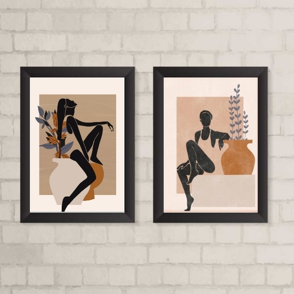 Kit 2 Quadros Arte Boho Mulheres Com vasos 45x34cm Moldura:ma