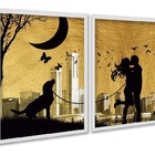 Kit 2 Quadros Arte Casal Com Cachorro 33x24cm Moldura Preta