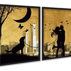 Kit 2 Quadros Arte Casal Com Cachorro 33x24cm Moldura Preta