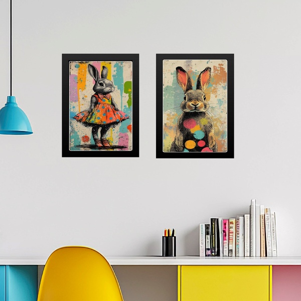 Kit 2 Quadros Arte Casal De Coelhos - Pop Art 45x34cm - Com V