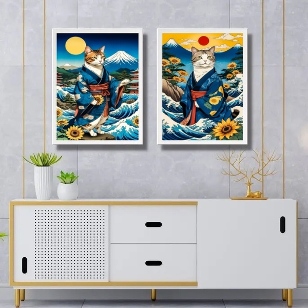Kit 2 Quadros Arte Japonesa - Gatos De Kimono 24x18cm - Com V