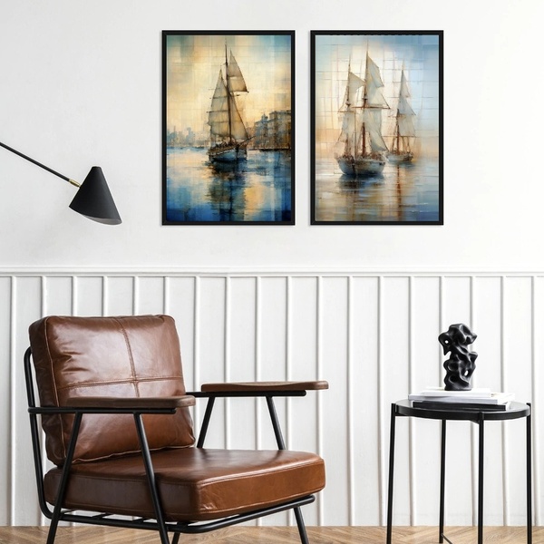 Kit 2 Quadros Arte Marinha - Barcos 33x24cm - Com Vidro Moldu