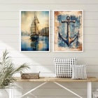 Kit 2 Quadros Arte Nautica Âncora E Barco 45x34cm Moldura Pre