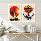 Kit 2 Quadros Arte Nautica Aquarela - Sol 24x18cm - Com Vidro